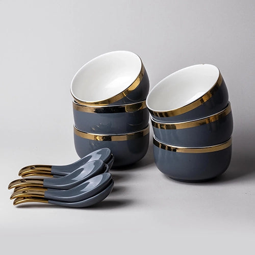 Luxe Grey Porcelain Gold-Rim Bowl (Set of 6)