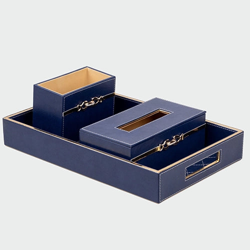 Blue Leather Desk Organiser Set