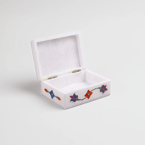 Floral Inlay White Marble Jewelry Box