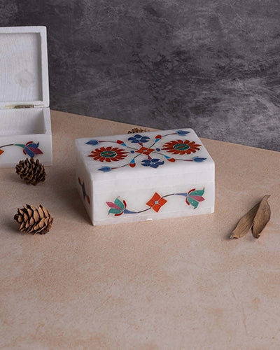 Floral Inlay White Marble Jewelry Box
