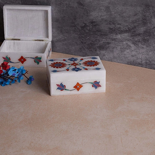Floral Inlay White Marble Jewelry Box
