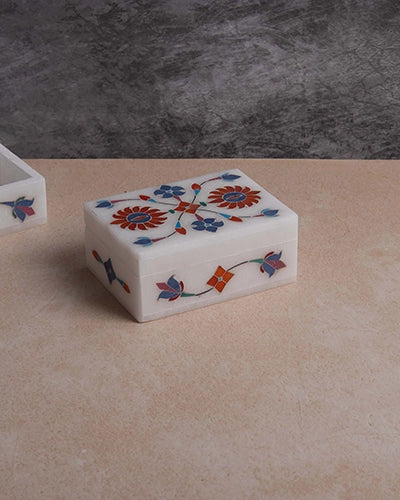 Floral Inlay White Marble Jewelry Box