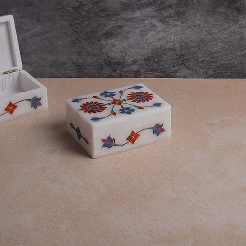 Floral Inlay White Marble Jewelry Box