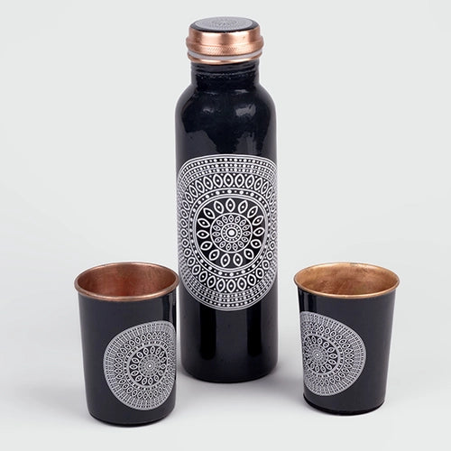 Mandala Printed Copper Bottle With Glass Set