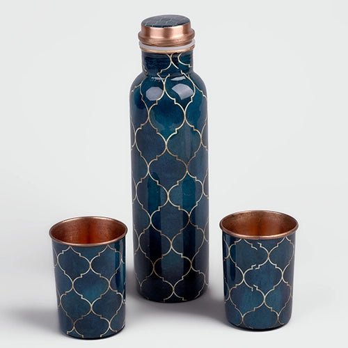 Navy Blue Moroccan Copper Water Bottle With Glass Set