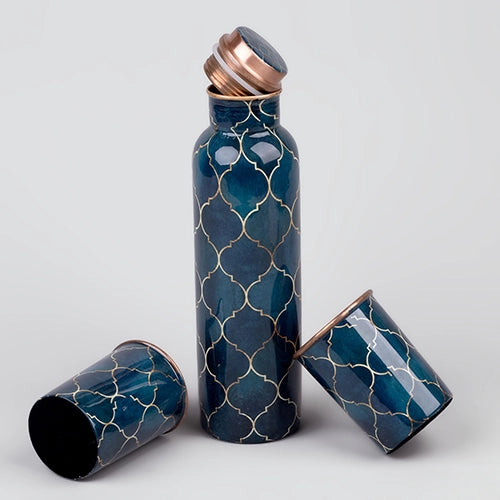 Navy Blue Moroccan Copper Water Bottle With Glass Set