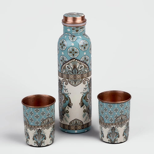 Blue Meena Copper Bottle with Glass Set