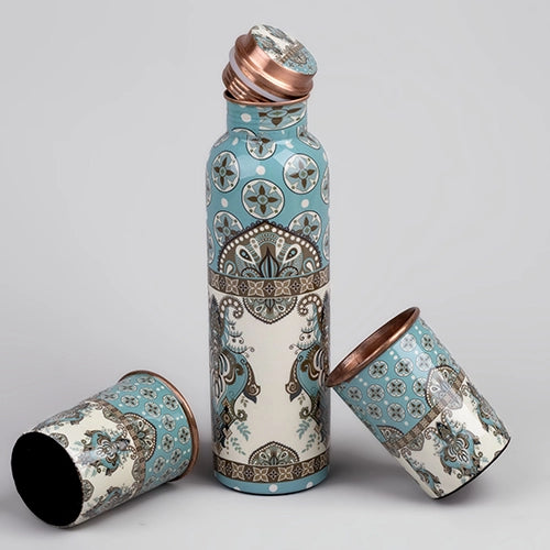 Blue Meena Copper Bottle with Glass Set