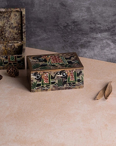 Vintage Elephant Pattern Marble Jewelry Box