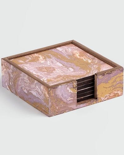 Elegant Pink Wooden Square Coasters (Set of 6)
