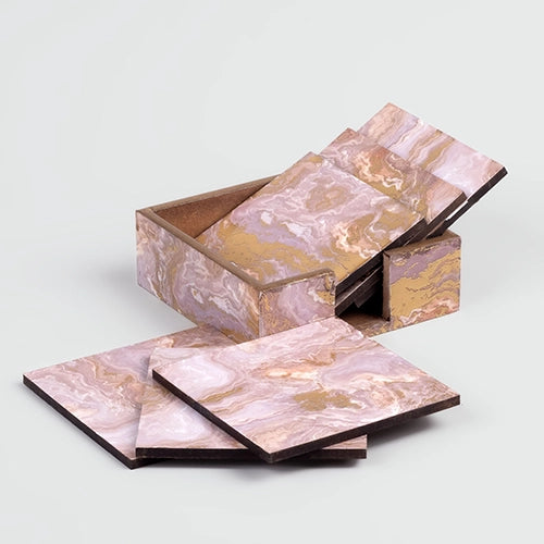 Elegant Pink Wooden Square Coasters (Set of 6)