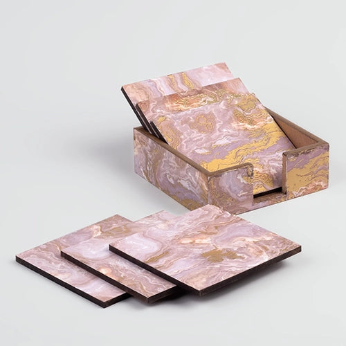 Elegant Pink Wooden Square Coasters (Set of 6)