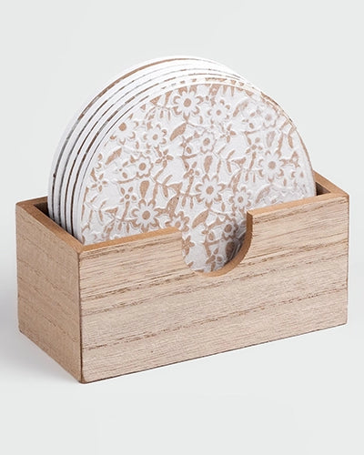 Stylish Gold-White Wooden Round Coasters (Set of 6)