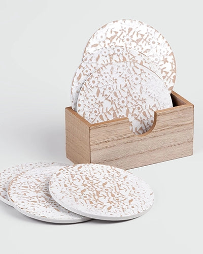 Stylish Gold-White Wooden Round Coasters (Set of 6)