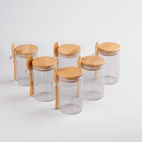 Classy Glass Cup with Wooden Lid and Spoon Set of 6 (300ml)