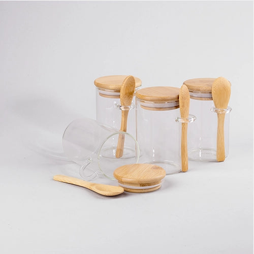 Classy Glass Cup with Wooden Lid and Spoon Set of 4 (300ml)