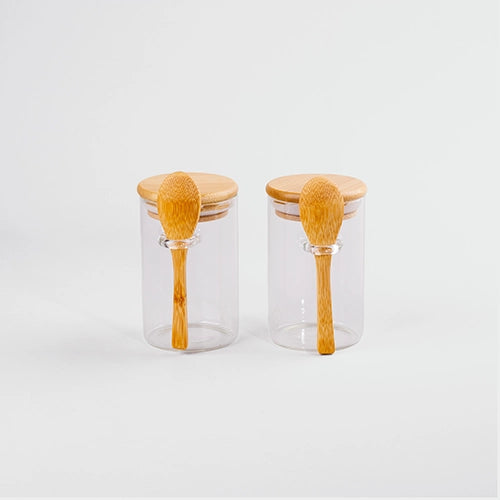 Classy Glass Cup with Wooden Lid and Spoon Set of 2 (300ml)