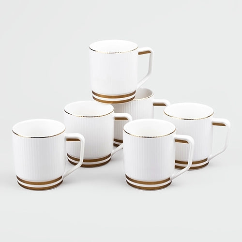 Classic White and Gold Ribbed Cups (Set of 6)