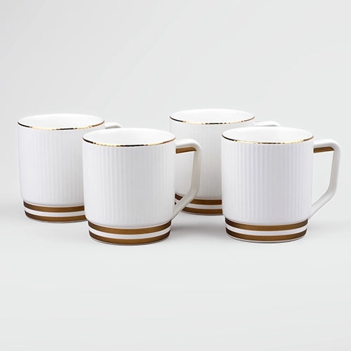 Classic White and Gold Ribbed Cups (Set of 4)