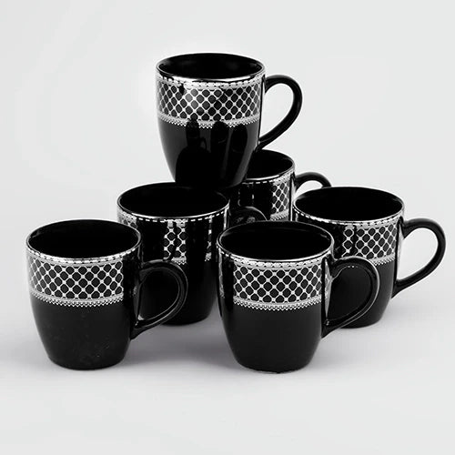 Elegant Glossy Black Gold Print Cup Set of 6