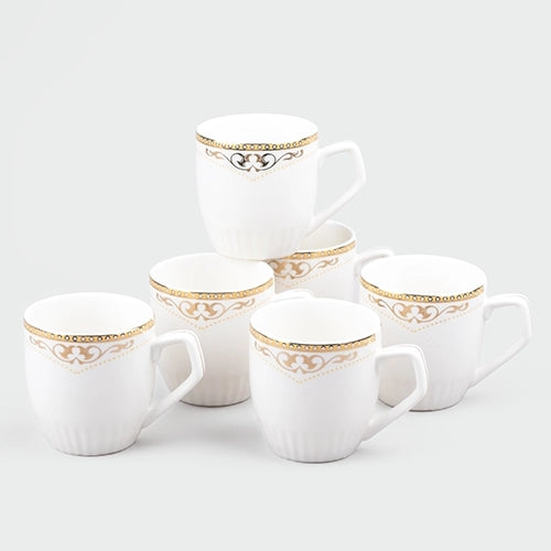 Elite White and Gold Printed Tea Cups (Set of 6)