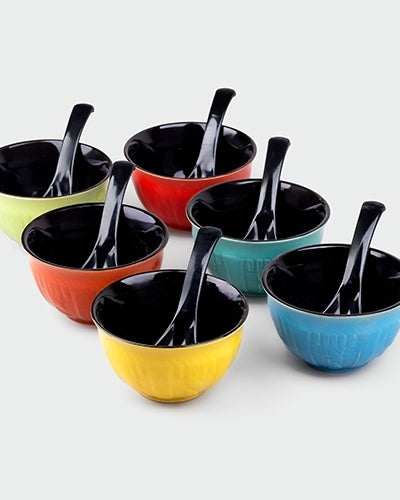 Vibrant Color Pop Bowl Set with Spoons (Set of 6)