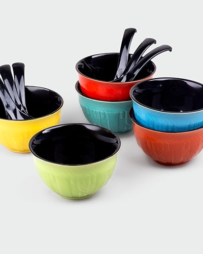 Vibrant Color Pop Bowl Set with Spoons (Set of 6)
