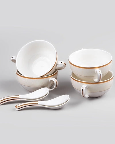 Elegant Porcelain White Bowl with Spoon (Set of 4)