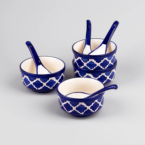 Blue Porcelain Soup Bowl Set with Spoon (Set of 4)