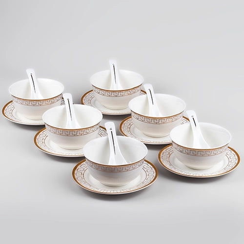 Opulent White Bowl and Saucer (Set of 6)