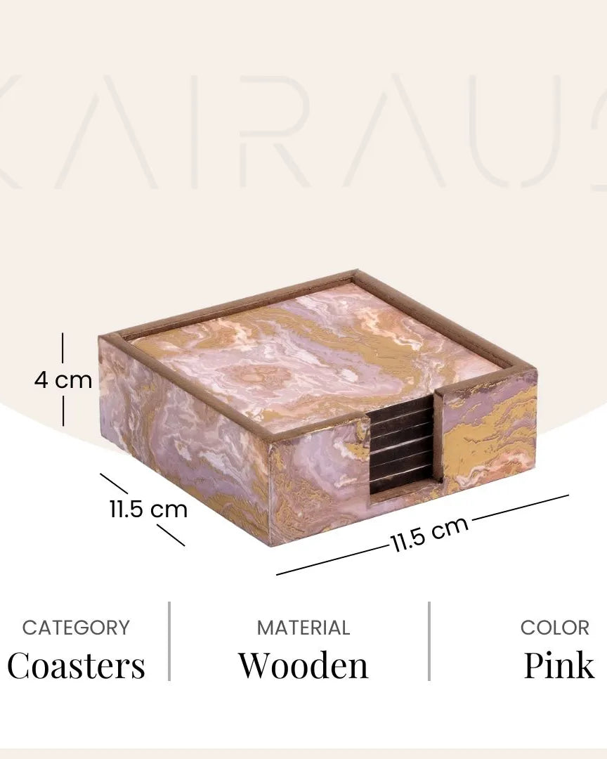 Elegant Pink Wooden Square Coasters (Set of 6)