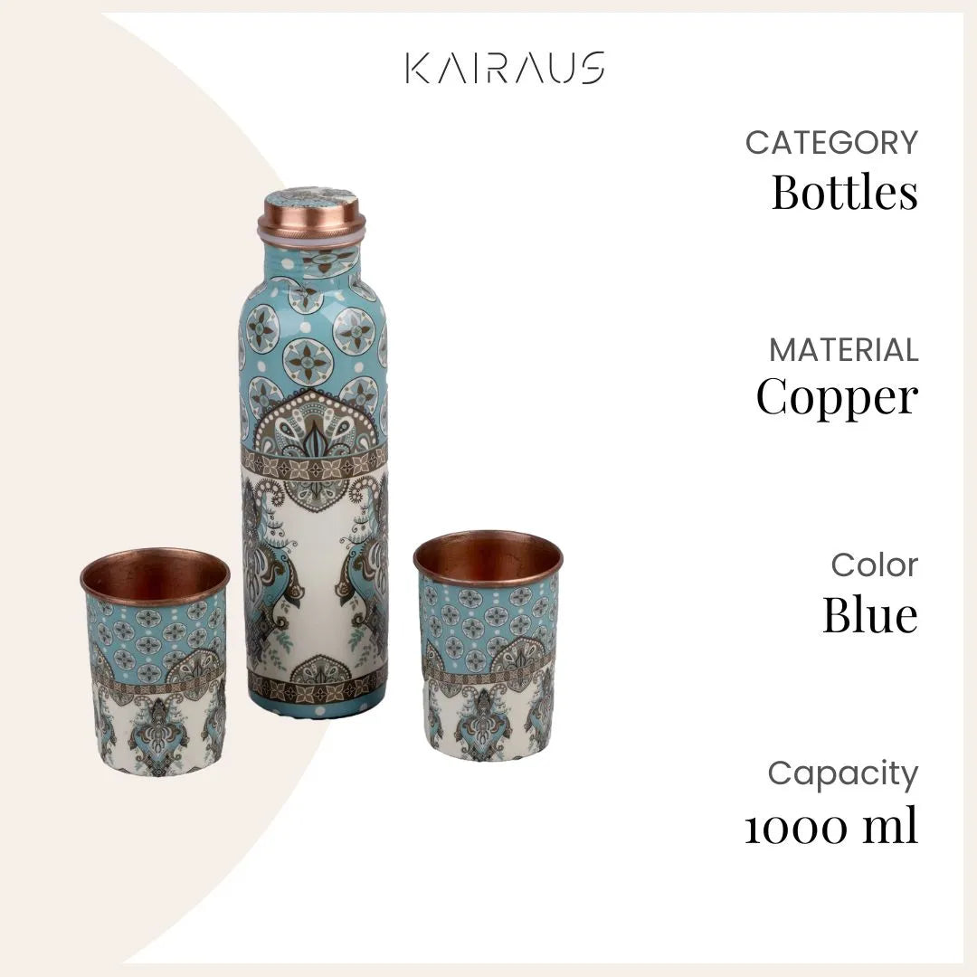 Blue Meena Copper Bottle with Glass Set