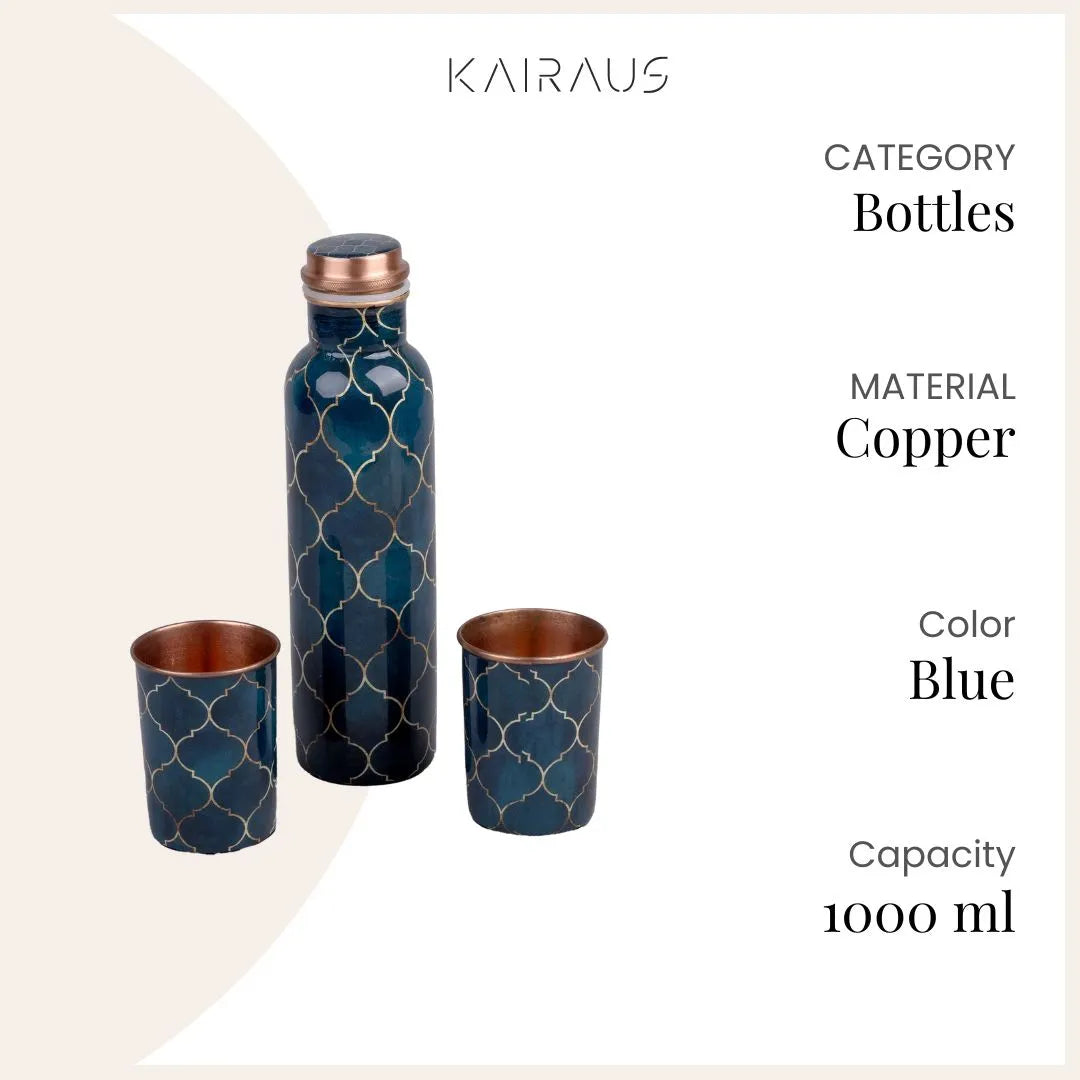 Navy Blue Moroccan Copper Water Bottle With Glass Set