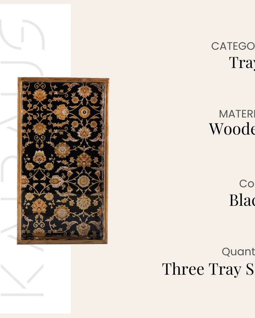 Persian Floral Black & Gold Serving Tray (Set of 3)