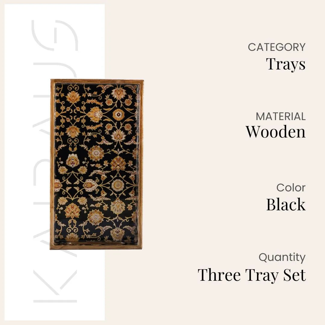 Persian Floral Black & Gold Serving Tray (Set of 3)