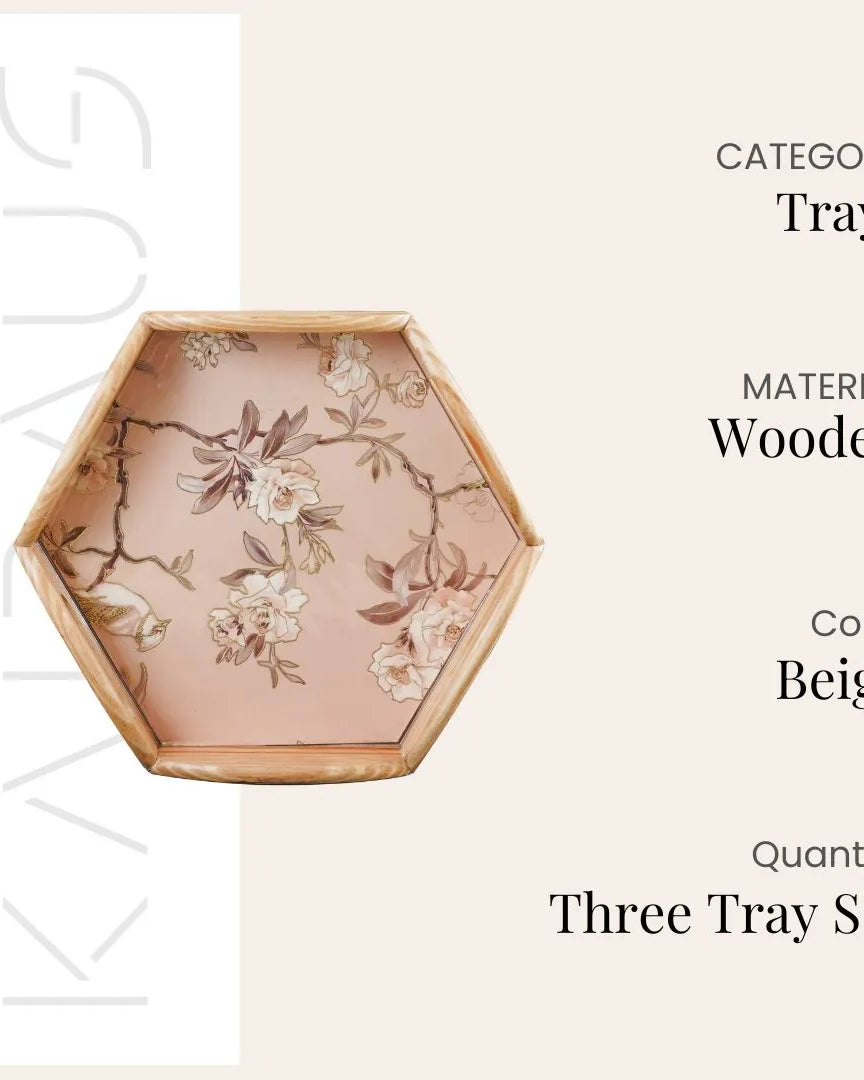 Hexagonal Floral Wooden Tray (Set of 2)