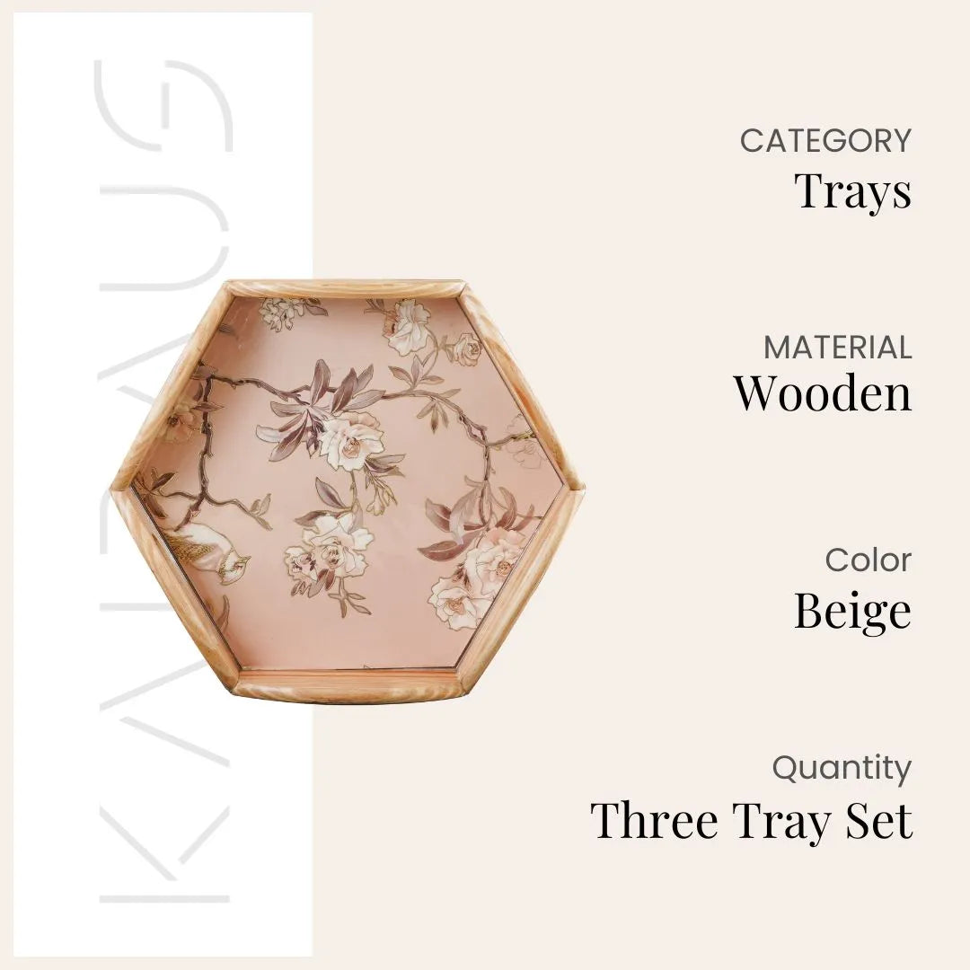 Hexagonal Floral Wooden Tray (Set of 2)