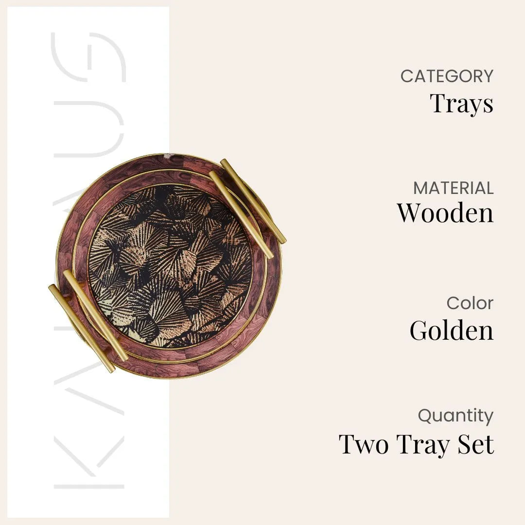 Golden Tropical Leaf Print Round Tray (Set of 2)