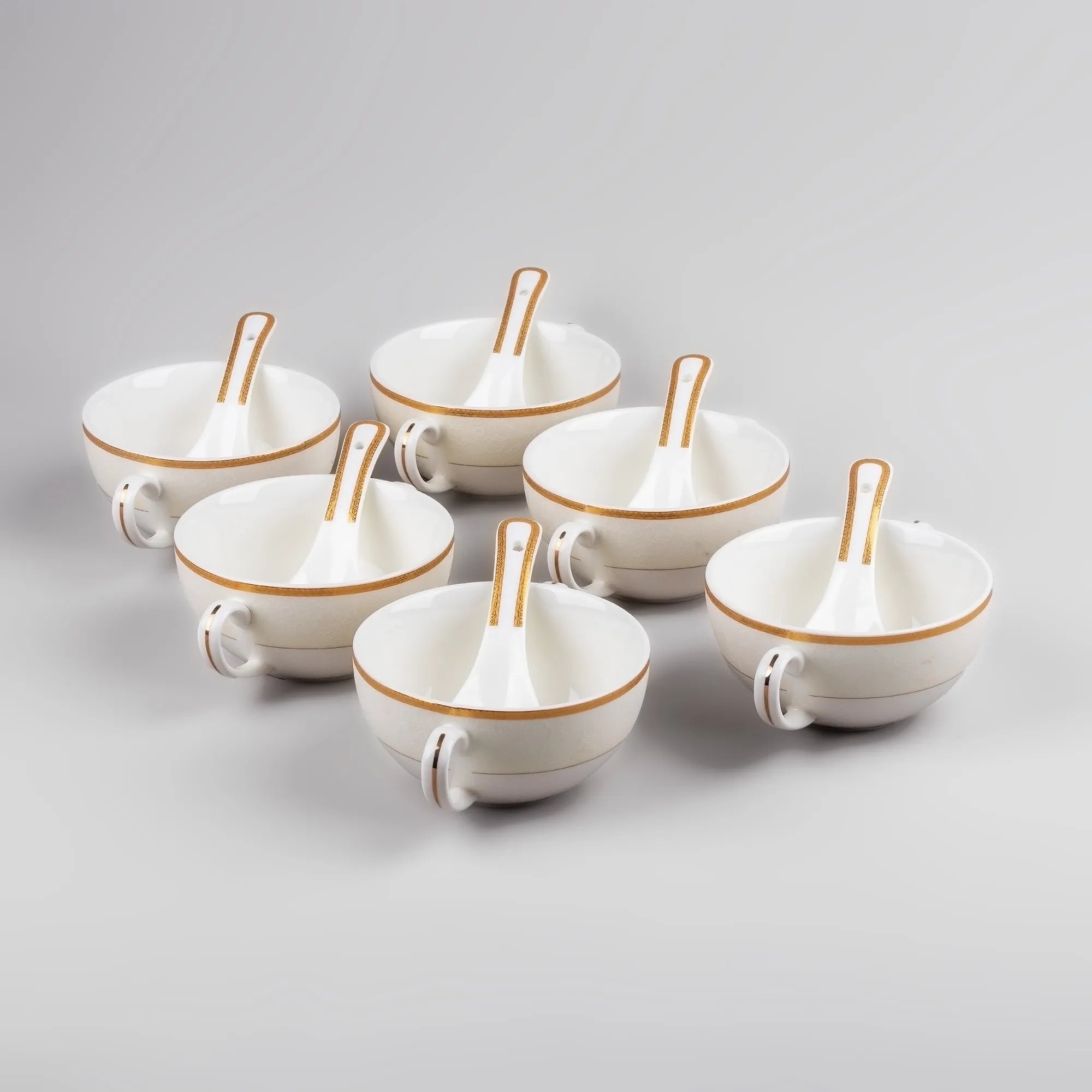 Elegant Porcelain White Bowl with Spoon (Set of 6)