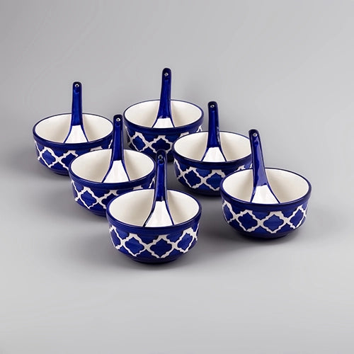 Blue Porcelain Soup Bowl Set with Spoon (Set of 6)