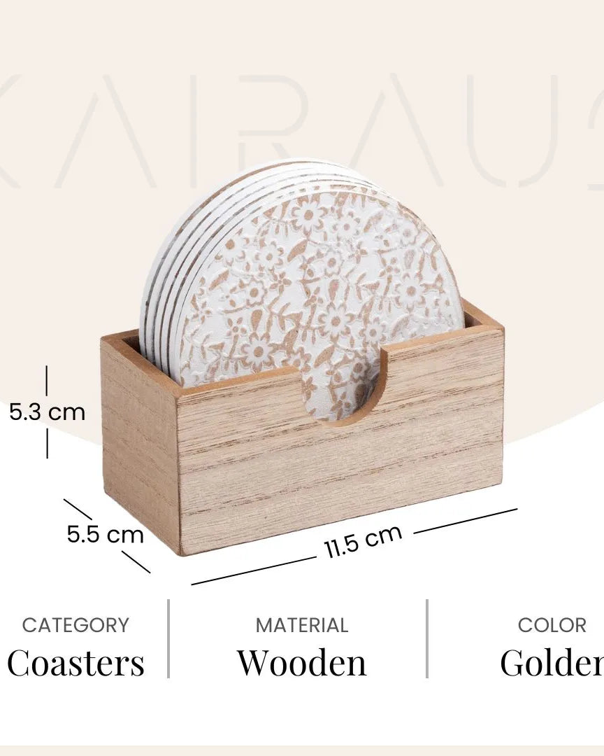 Stylish Gold-White Wooden Round Coasters (Set of 6)