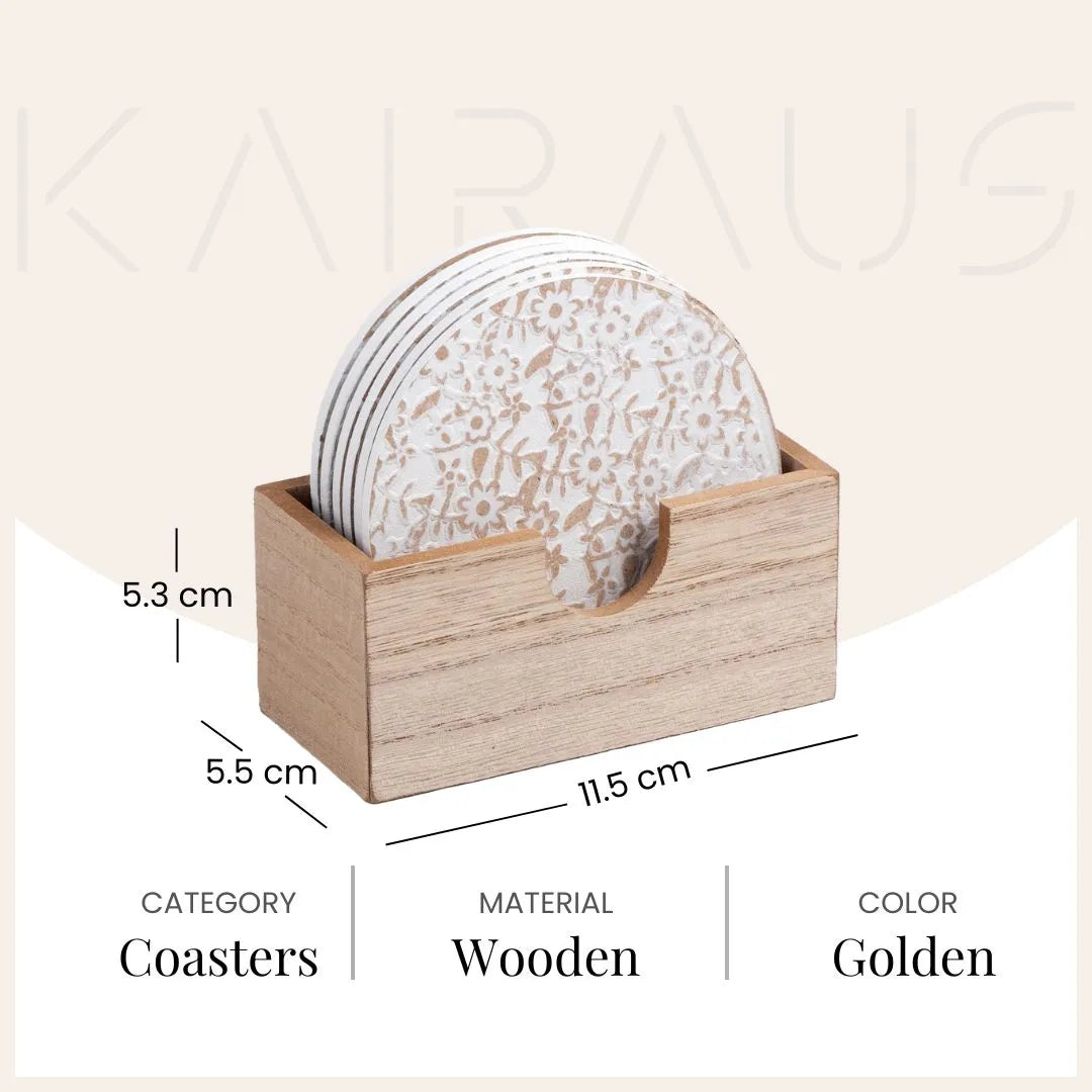 Stylish Gold-White Wooden Round Coasters (Set of 6)