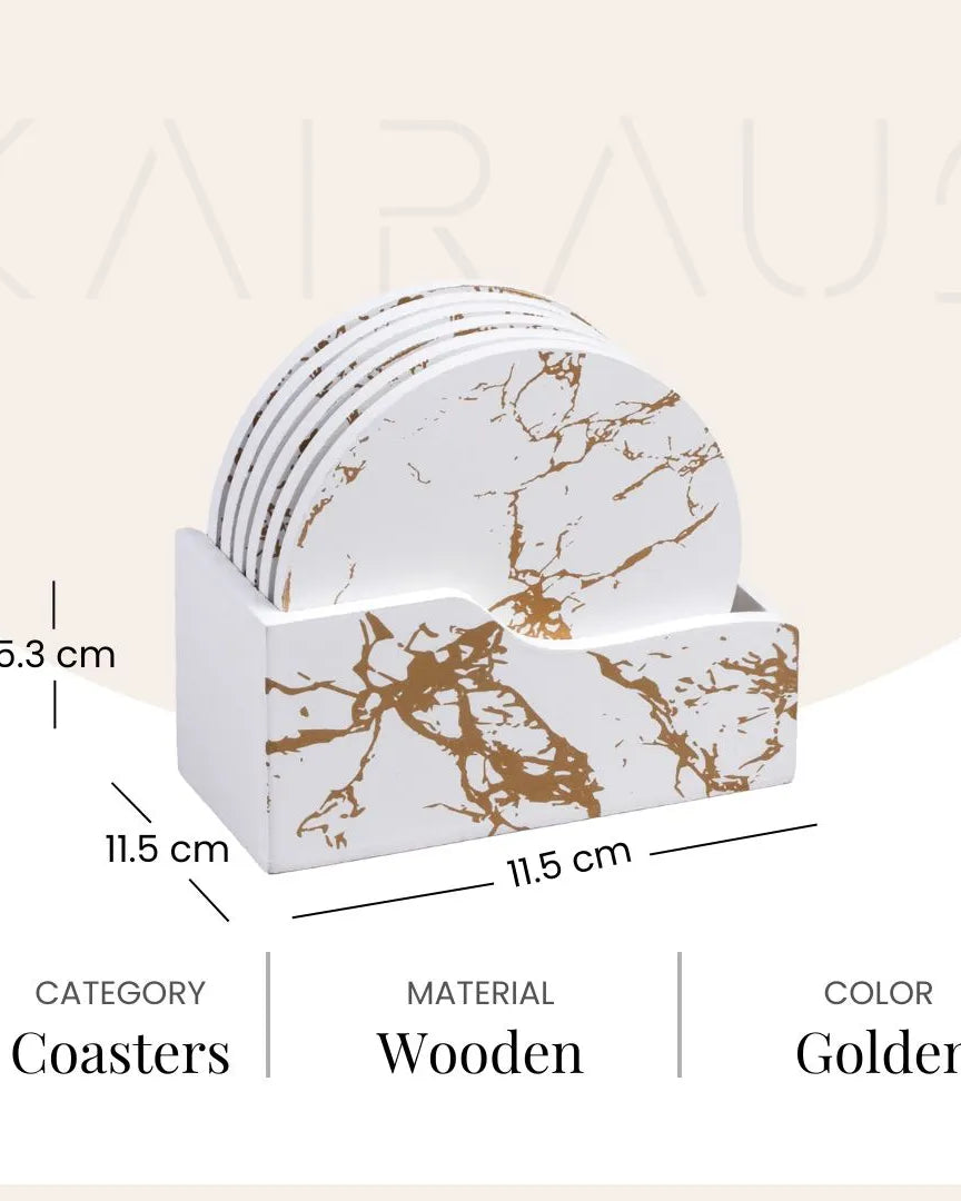 Premium White and Gold Wooden Coasters (Set of 6)