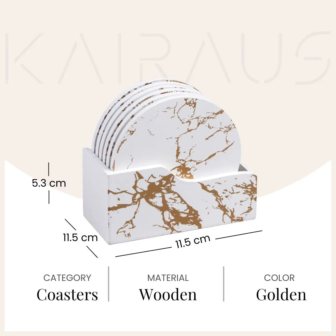 Premium White and Gold Wooden Coasters (Set of 6)