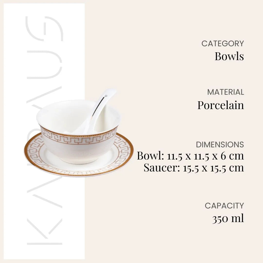 Opulent White Bowl and Saucer (Set of 6)
