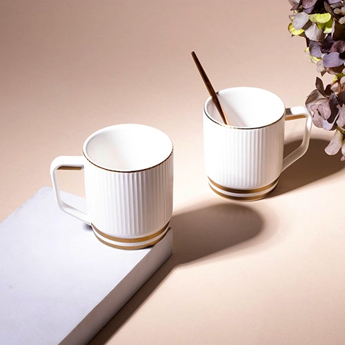 Classic White and Gold Ribbed Cups (Set of 2)