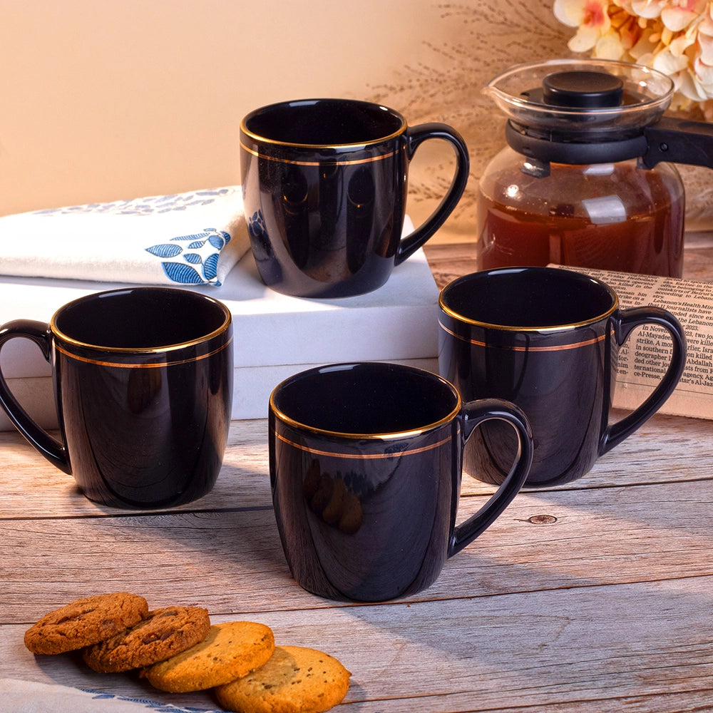 Black and Gold Line Ceramic Tea Cups (Set of 4)