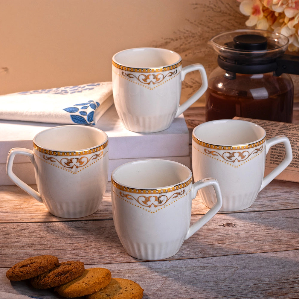 Elite White and Gold Printed Tea Cups (Set of 4)