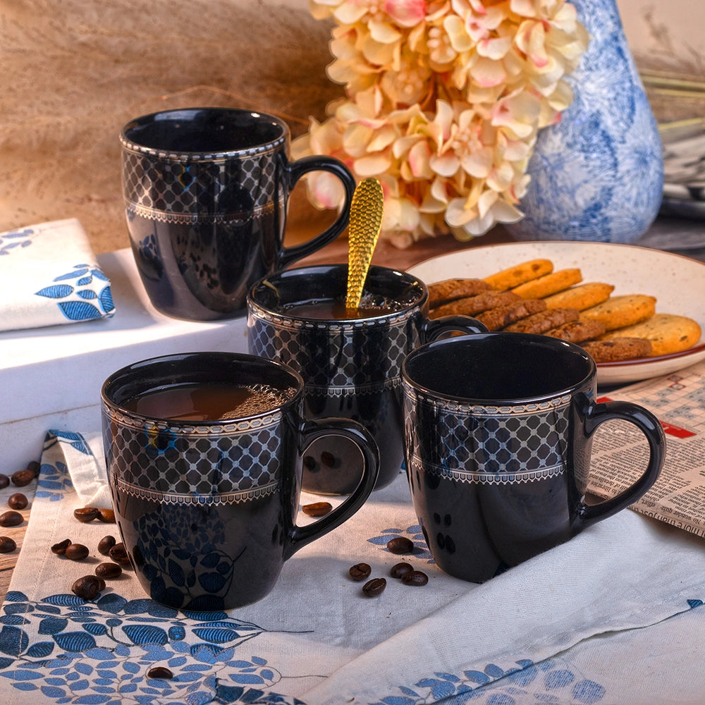 Elegant Glossy Black Gold Print Cup (Set of 4)