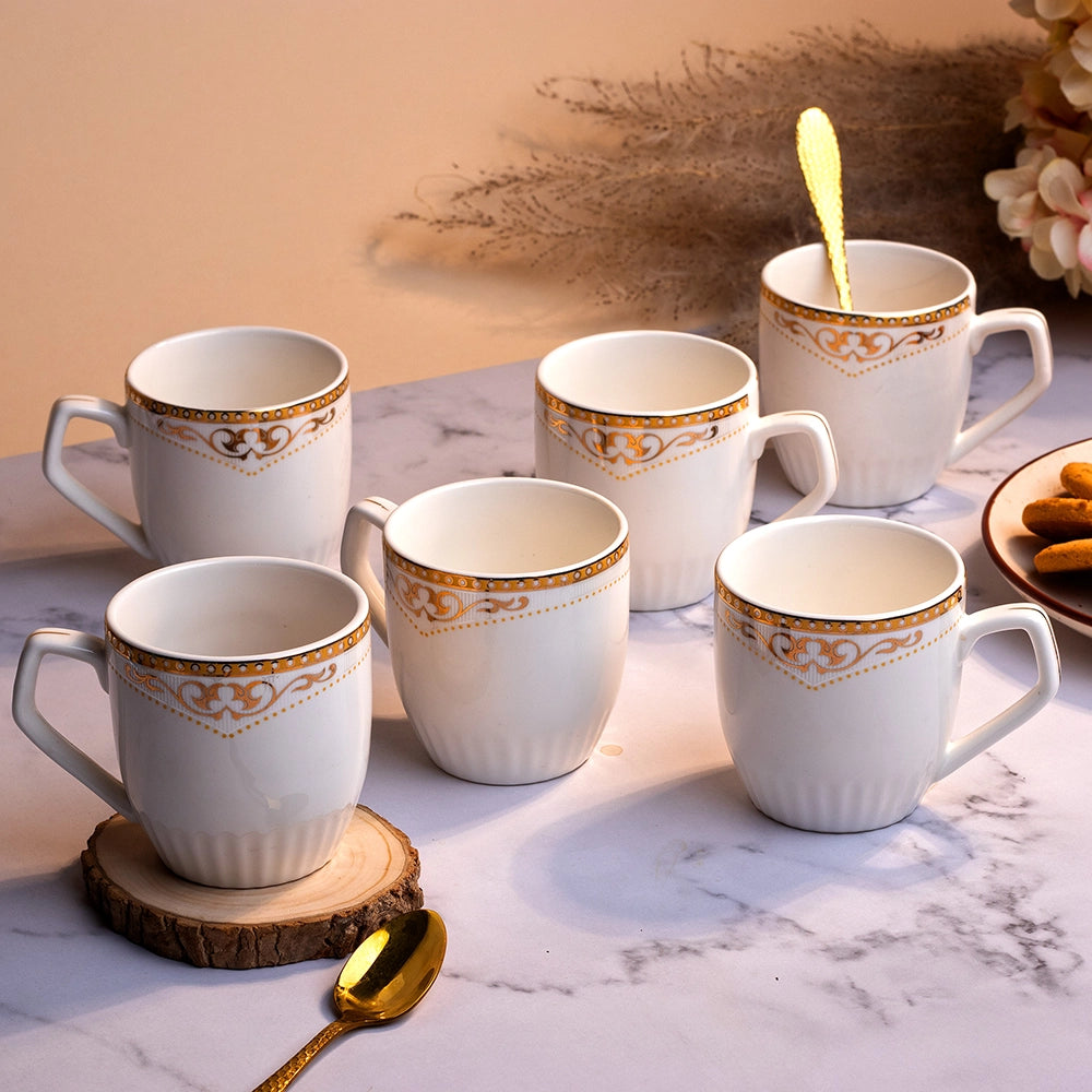 Elite White and Gold Printed Tea Cups (Set of 6)